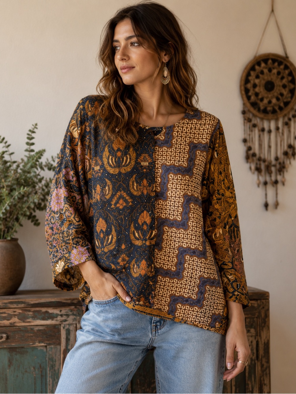 Handmade Patterned Patchwork Batik Top in Mustard & Navy Size M or L Global